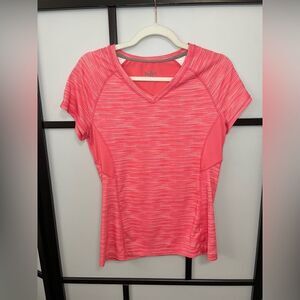 [S] Hyba Bright Neon Pink Heathered V-Neck Short Sleeve Activewear Top Women’s